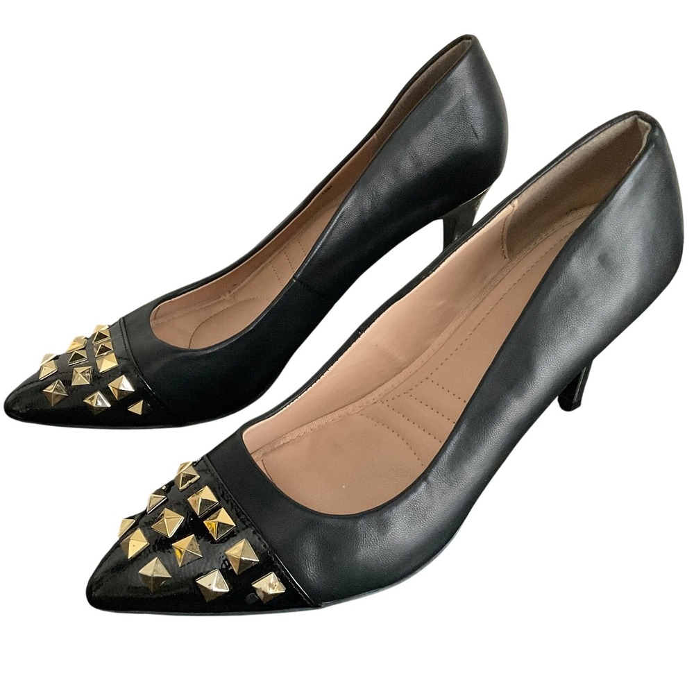 Adrienne Vittadini Nena Black Studded Cap Toe Pumps‎ Gold Heel Womens Size 10M